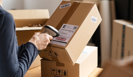 Delivery worker scanning package in warehouse